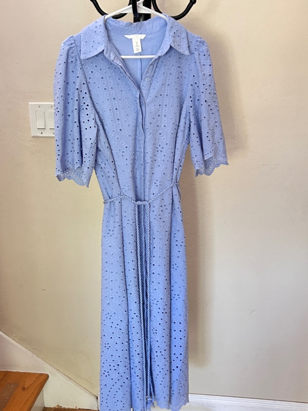 light periwinkle-blue eyelet lace cotton shirt dress